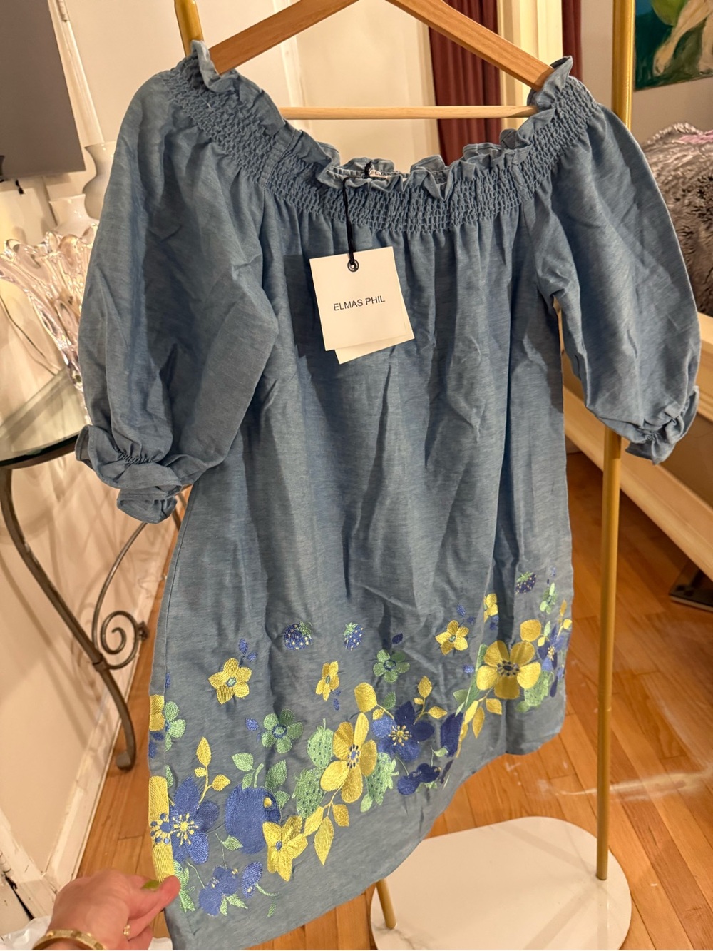Girls' Blue Floral Embroidered Off-Shoulder Dress